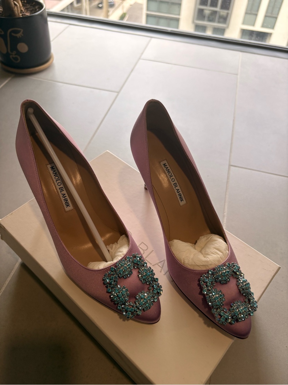 Manolo Blahnik Purple Satin Crystal-Embellished Pumps - Picture 5 of 8